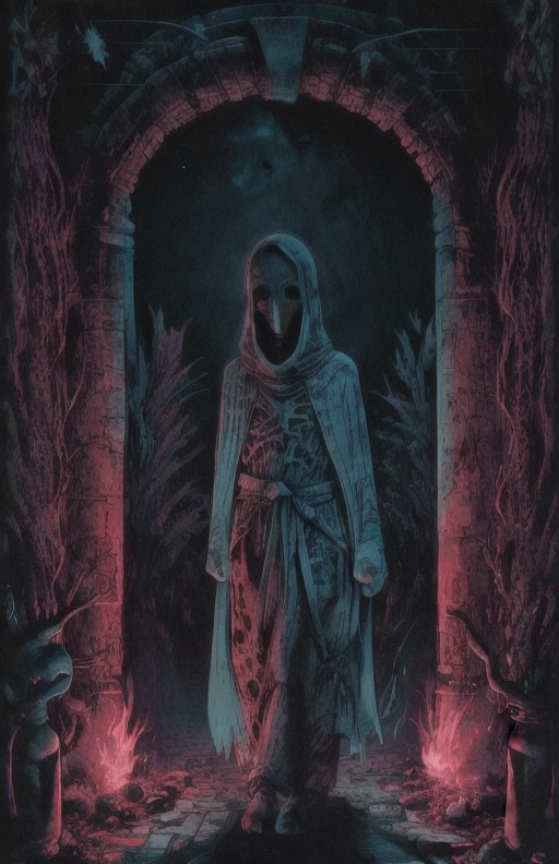 00955-1789905478-a (((teal cloaked figure))) with a glowing aura of orange flames around him stands in front of a stone archway, the moon and man.png